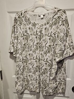 CJ Banks White Cardigan with Olive Green Leaf Print
